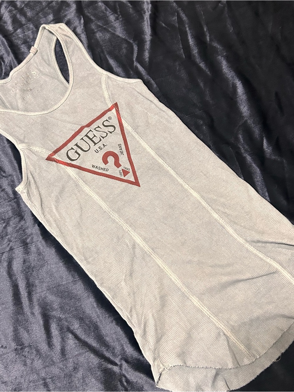 Guess blue ribbed tank with red triangle logo